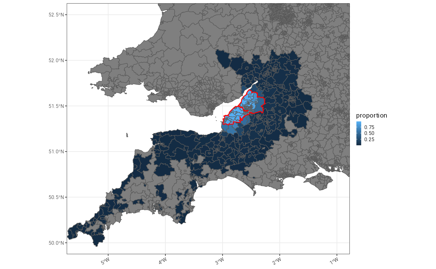 Comparison of geographical extents of OHID proportional flow model (blue shading) and BNSSG ICB boundaries (red), which also mark the maximum extent of the aLRTD proportional flow model.